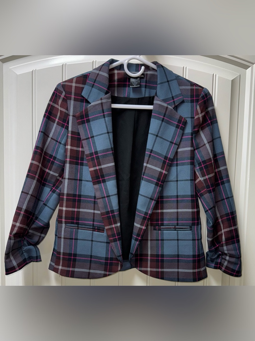 EUC WOMEN SMALL MEDIUM (bust 36”) AQUA PLAID BLAZER JACKET MULTICOLOR